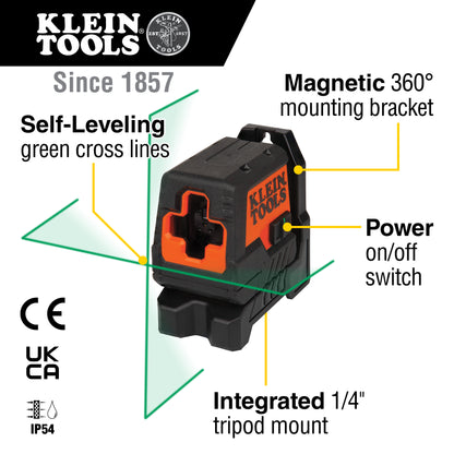 Klein Tools 93MCLG Green Mini Cross-Line Self-Leveling Laser Level, 50-Foot