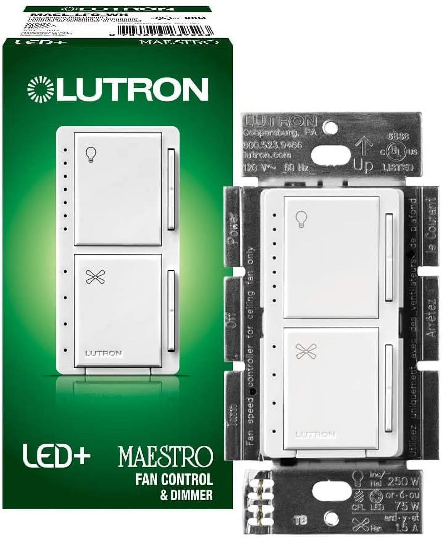 Lutron MACL-LFQ-WH Maestro Fan Control and Light Dimmer for dimmable LEDs, White