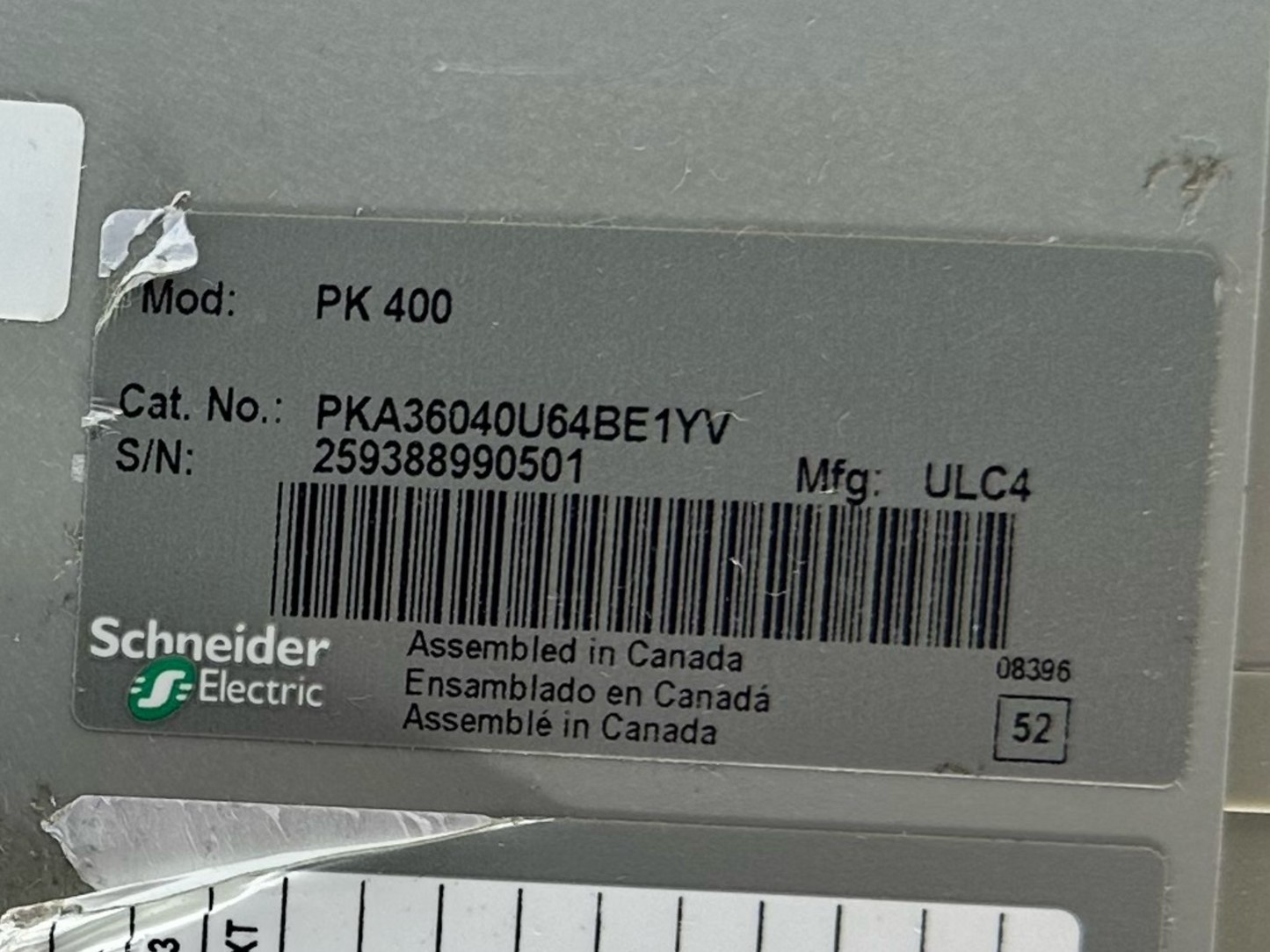 Square D PowerPact PKA36040U64BE1YV P-Frame Molded Case Circuit Breaker, 400A, 3 Pole, 600VAC, I-Line, Micrologic 6.0P Trip Unit