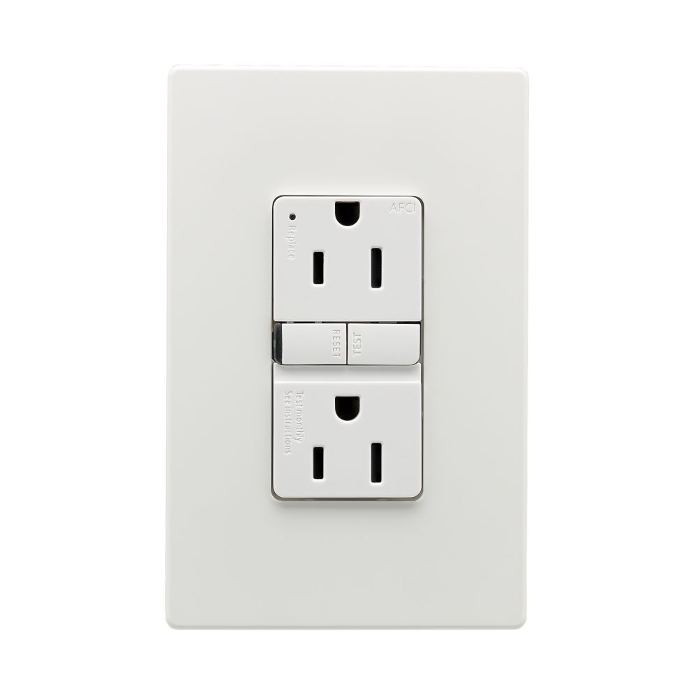 Eaton Arc Fault Receptacle/Outlet, 15A, White, front facing with wall plate