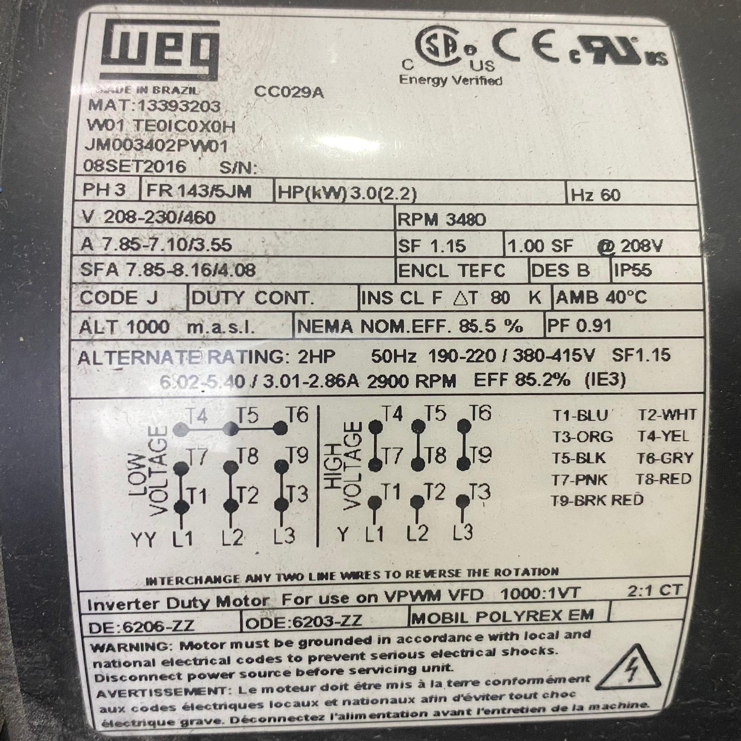 JM003402PW01 | WEG 3HP 3Ph AC Pump Motor 230/460V 3480 RPM