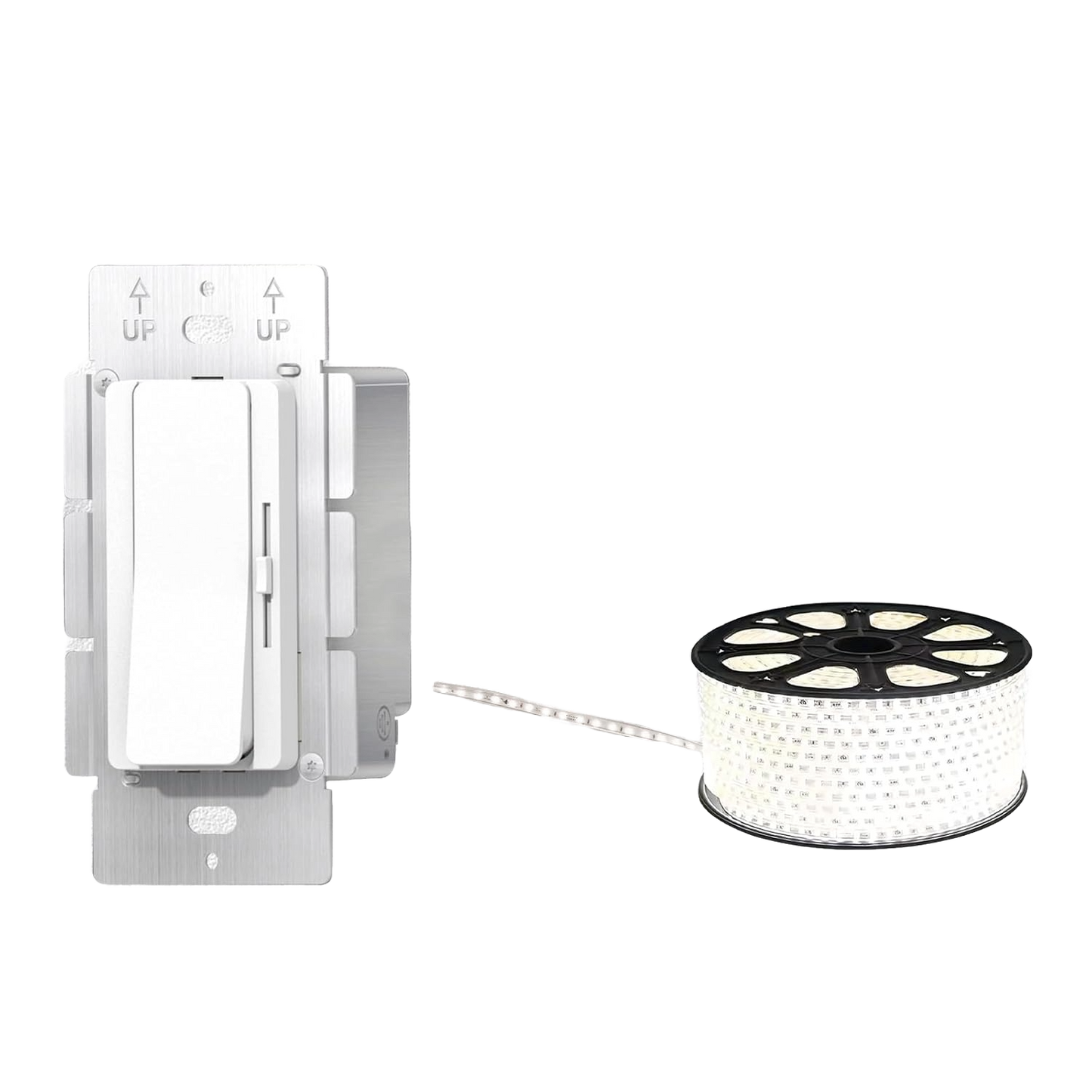 Dimmer switch and spool of LED strip on a white background