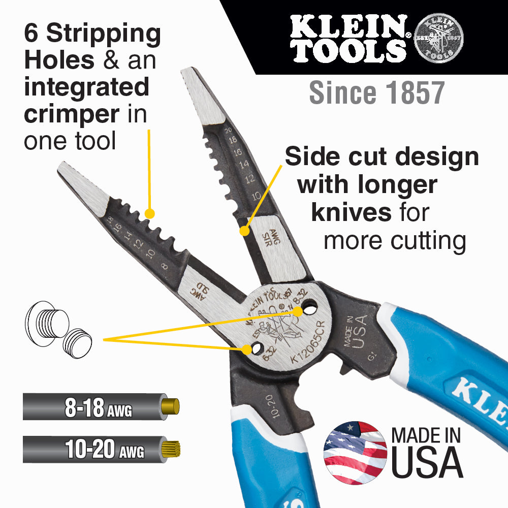 Klein Tools K12065CR Klein-Kurve® Heavy-Duty Wire Stripper / Cutter / Crimper Multi Tool, 8-20 AWG