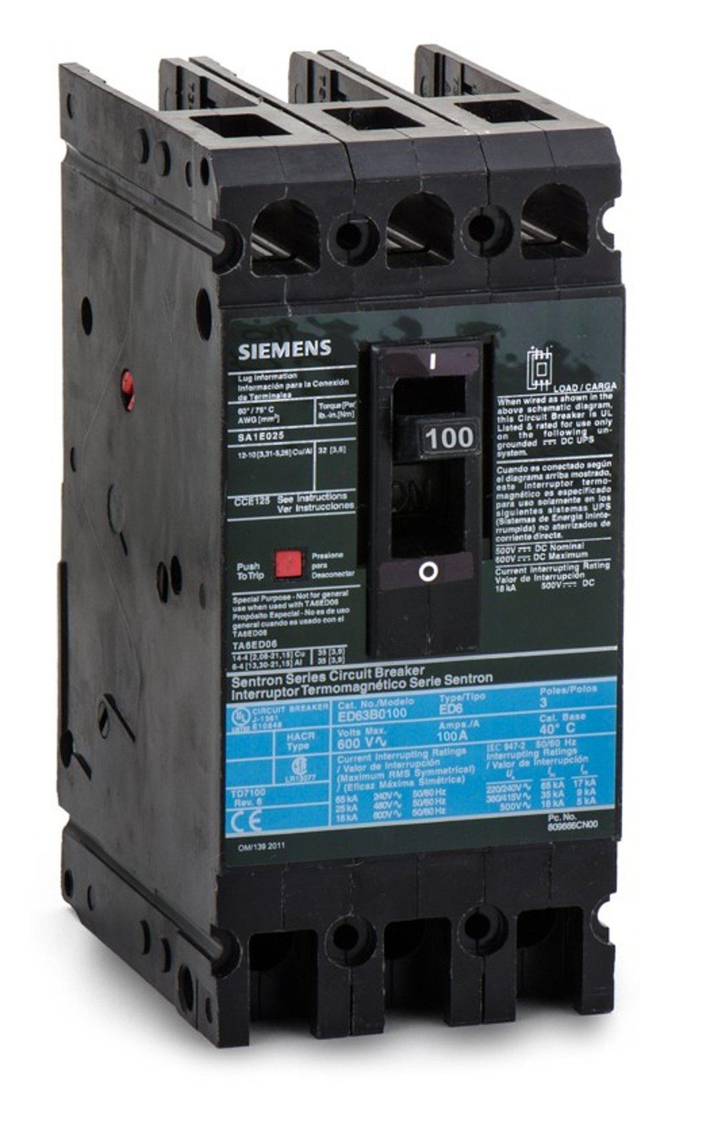ED63B100 - Siemens Molded Case Circuit Breaker, 3-Pole, 100 Amp