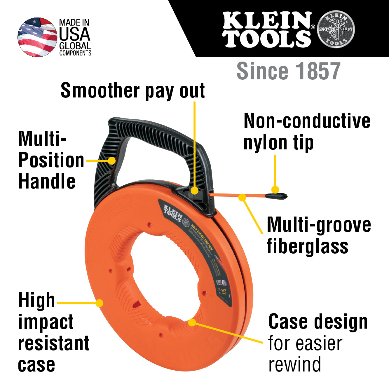 56383 | Klein Tools Multi‑Groove Fiberglass Fish Tape with Nylon Tip, 100ft