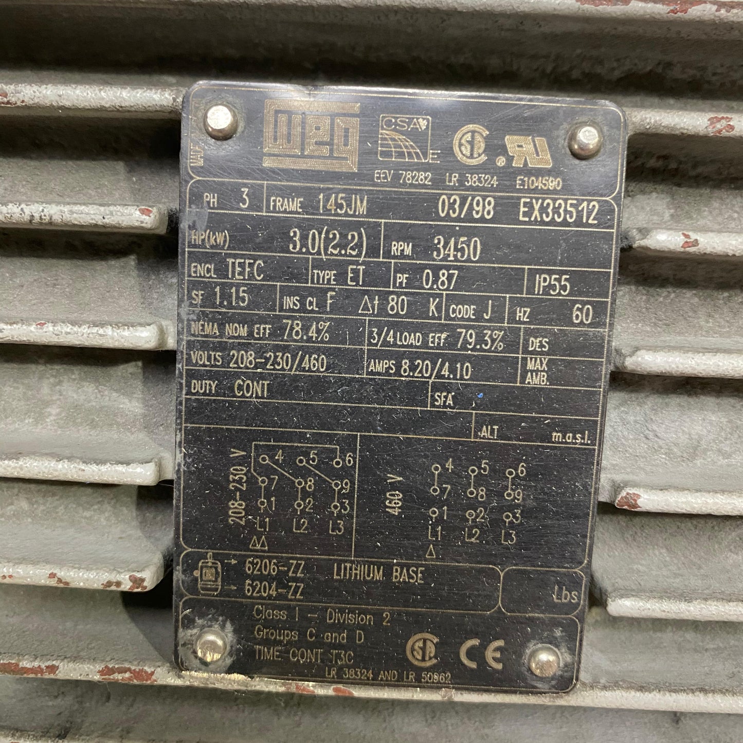 EX33512 | WEG AC Motor 3HP 3450RPM 145JM TEFC