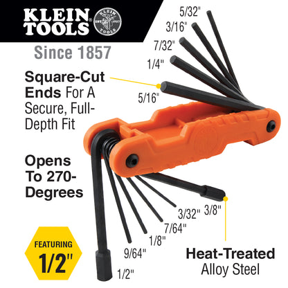 Klein Tools 70550 Pro Folding Hex Key Set, 11-Key, SAE Sizes