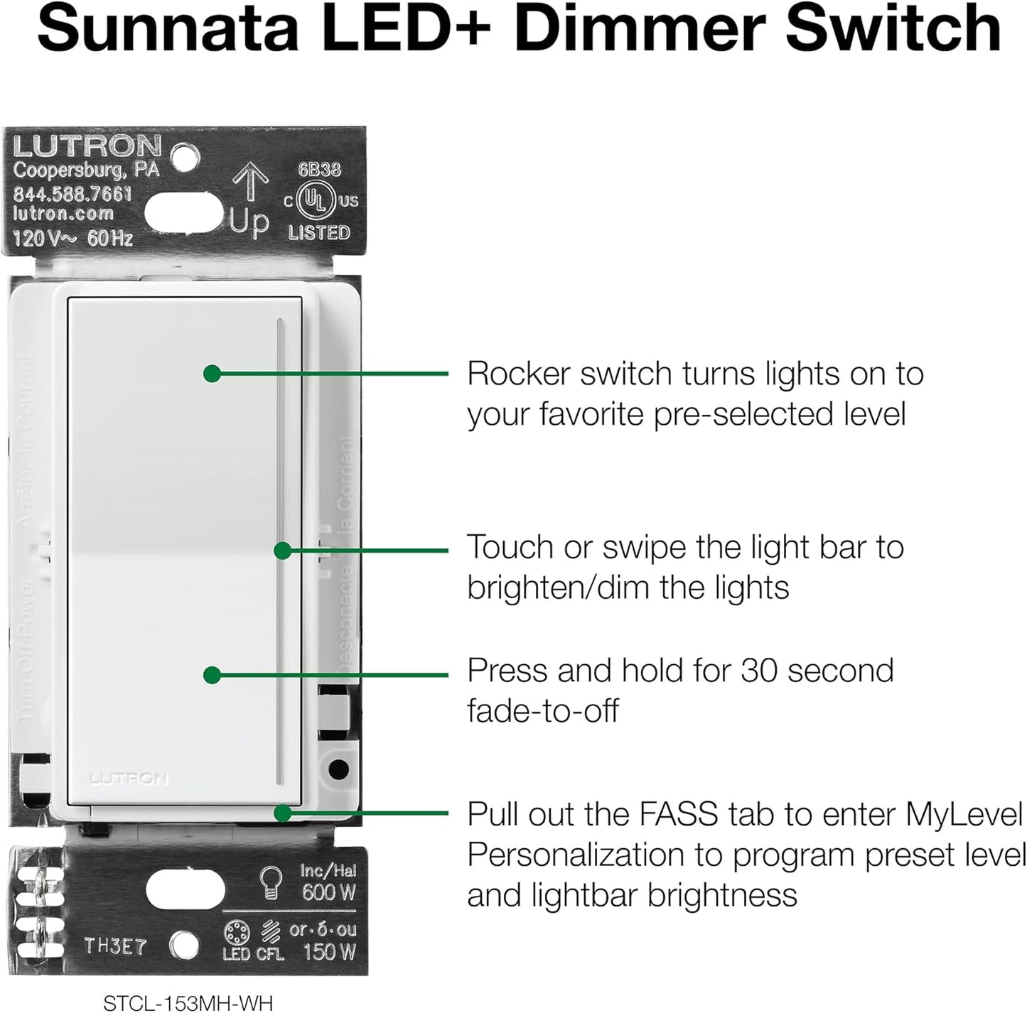 Lutron STCL-153MH-WH-C Sunnata Touch Dimmer with LED+ Advanced Technology