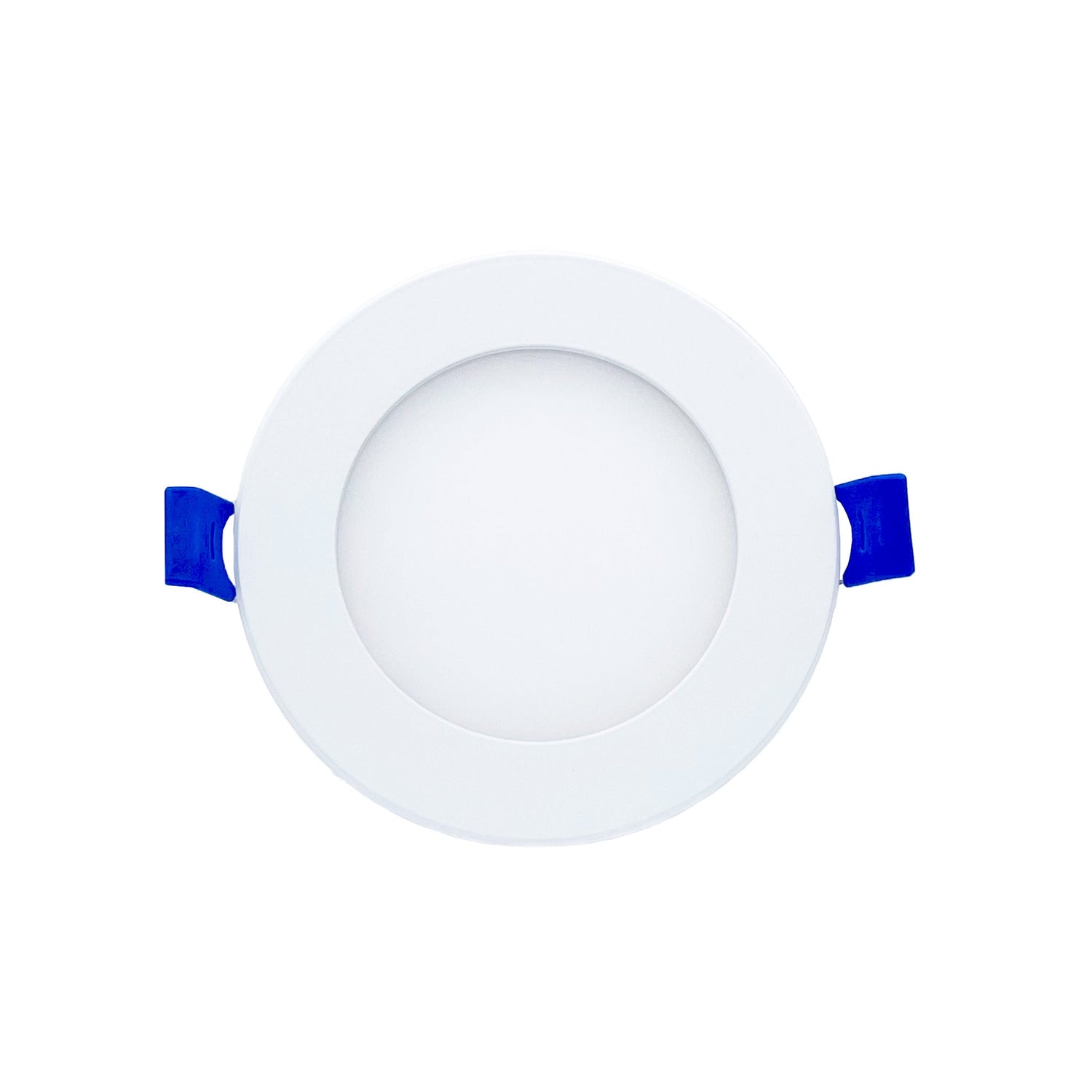 A white 4 inch round LED slim panel light with blue wires, designed for recessed installation in ceiling or wall.