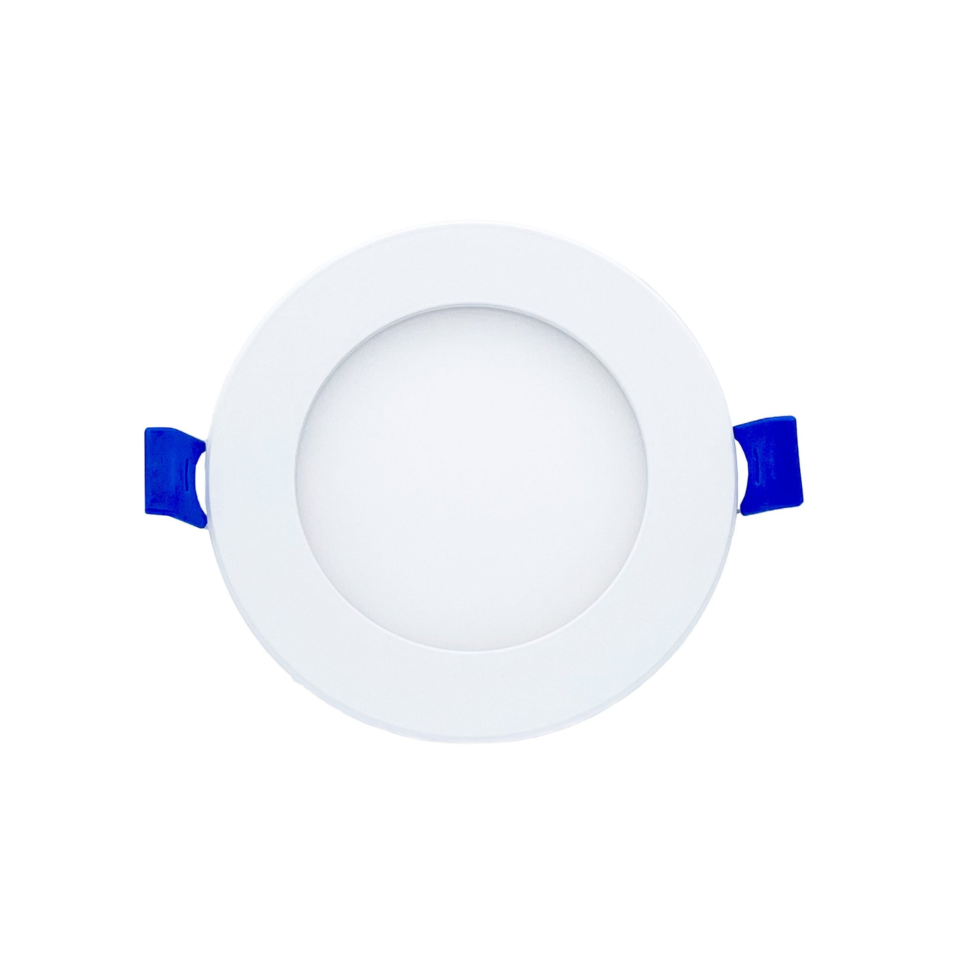 A white 4 inch round LED slim panel light with blue wires, designed for recessed installation in ceiling or wall.