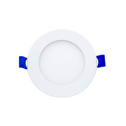 A white 4 inch round LED slim panel light with blue wires, designed for recessed installation in ceiling or wall.