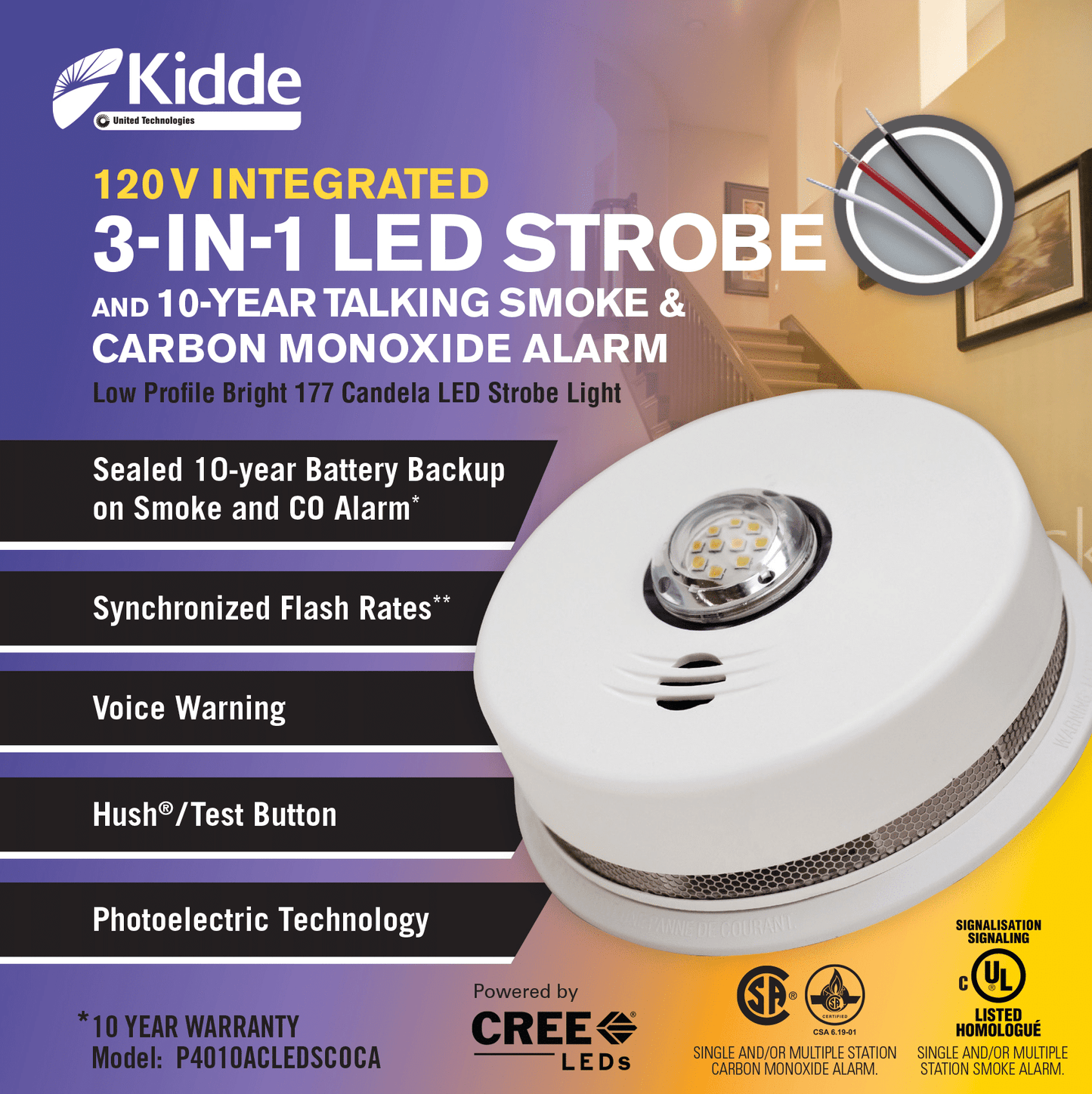 Kidde 3-in-1 LED Strobe smoke and carbon monoxide alarm with features listed on a colorful background.