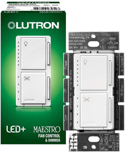 Lutron MACL-LFQ-WH Maestro Fan Control and Light Dimmer for dimmable LEDs, White