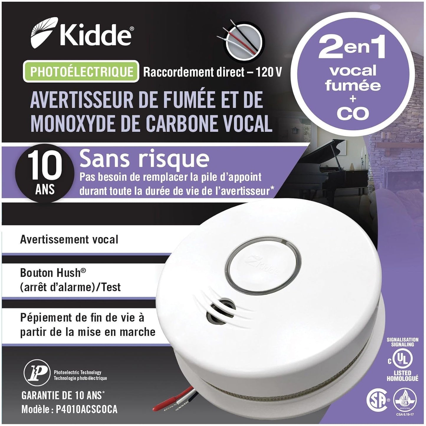 Kidde P4010ACSCOCA Hardwired Smoke & Carbon Monoxide Alarm - with 10 Year Backup Battery + Voice Warning