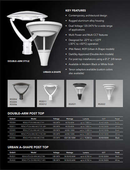 RENO HALO SERIES Urban Post Top Fixture | Selectable Wattage 18/30/45/60W | Selectable CCT 3000/4000/5000K | 120-347V
