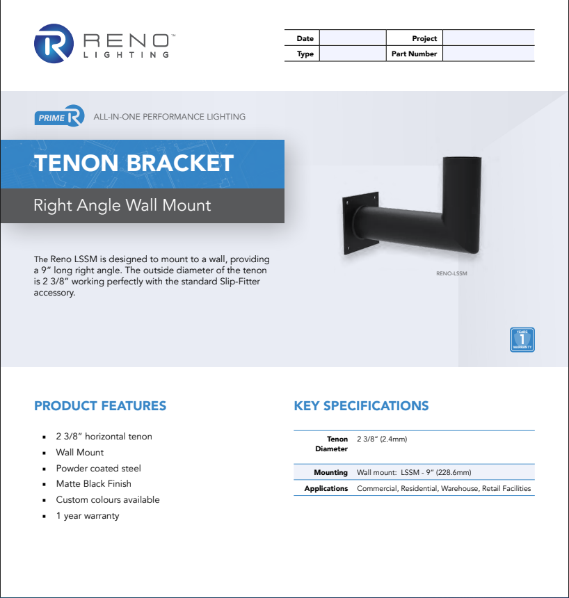 RENO POLE MOUNTING ADAPTORS SERIES Right Angle Tenon – 9” Tenon | Diameter of the tenon is 2 3/8” | Wall Mount |