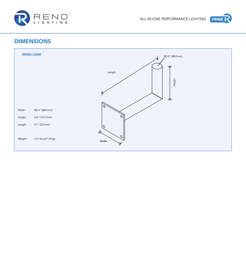 RENO POLE MOUNTING ADAPTORS SERIES Right Angle Tenon – 9” Tenon | Diameter of the tenon is 2 3/8” | Wall Mount |