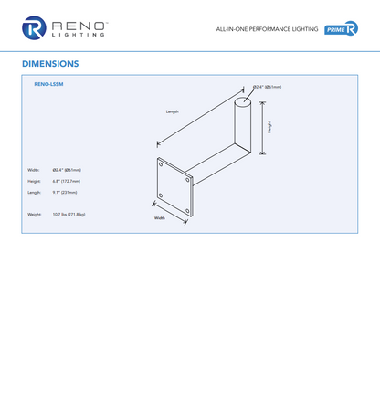 RENO POLE MOUNTING ADAPTORS SERIES Right Angle Tenon – 9” Tenon | Diameter of the tenon is 2 3/8” | Wall Mount |