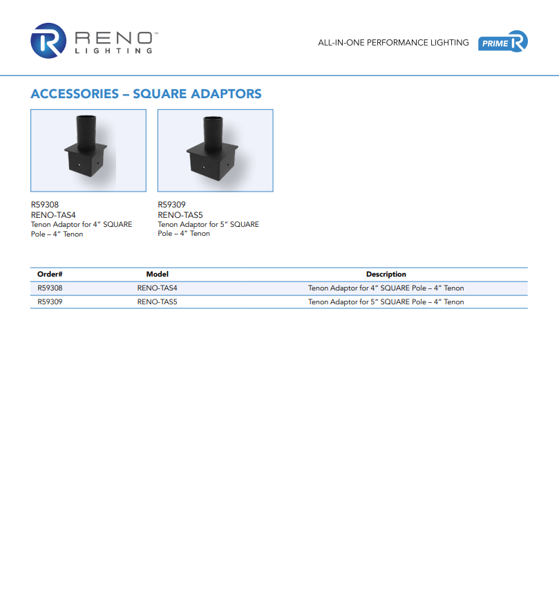 RENO POLE MOUNTING ADAPTORS SERIES Tenon Adaptor |Tenon | Square Pole Mounting
