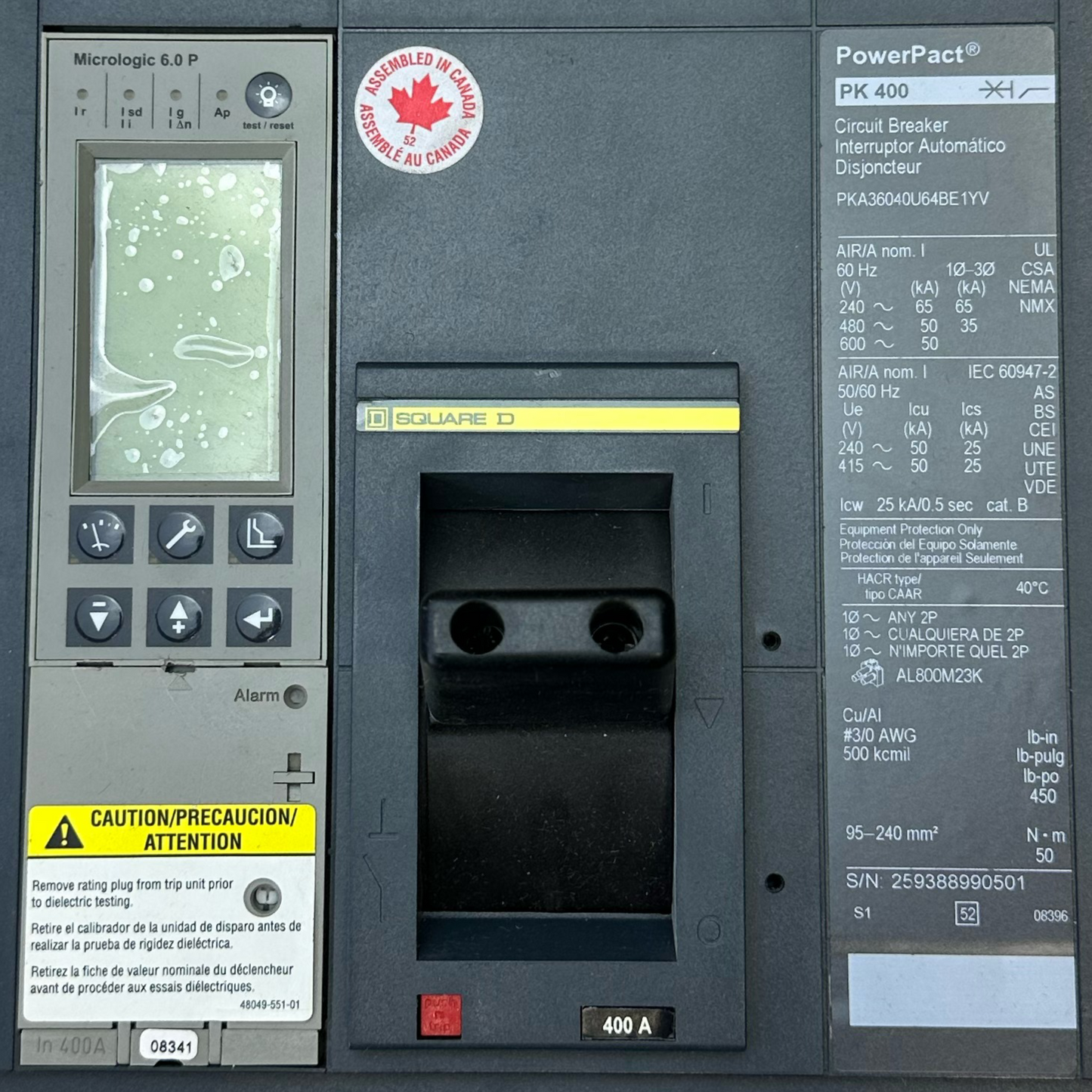Square D PowerPact PKA36040U64BE1YV P-Frame Molded Case Circuit Breaker, 400A, 3 Pole, 600VAC, I-Line, Micrologic 6.0P Trip Unit
