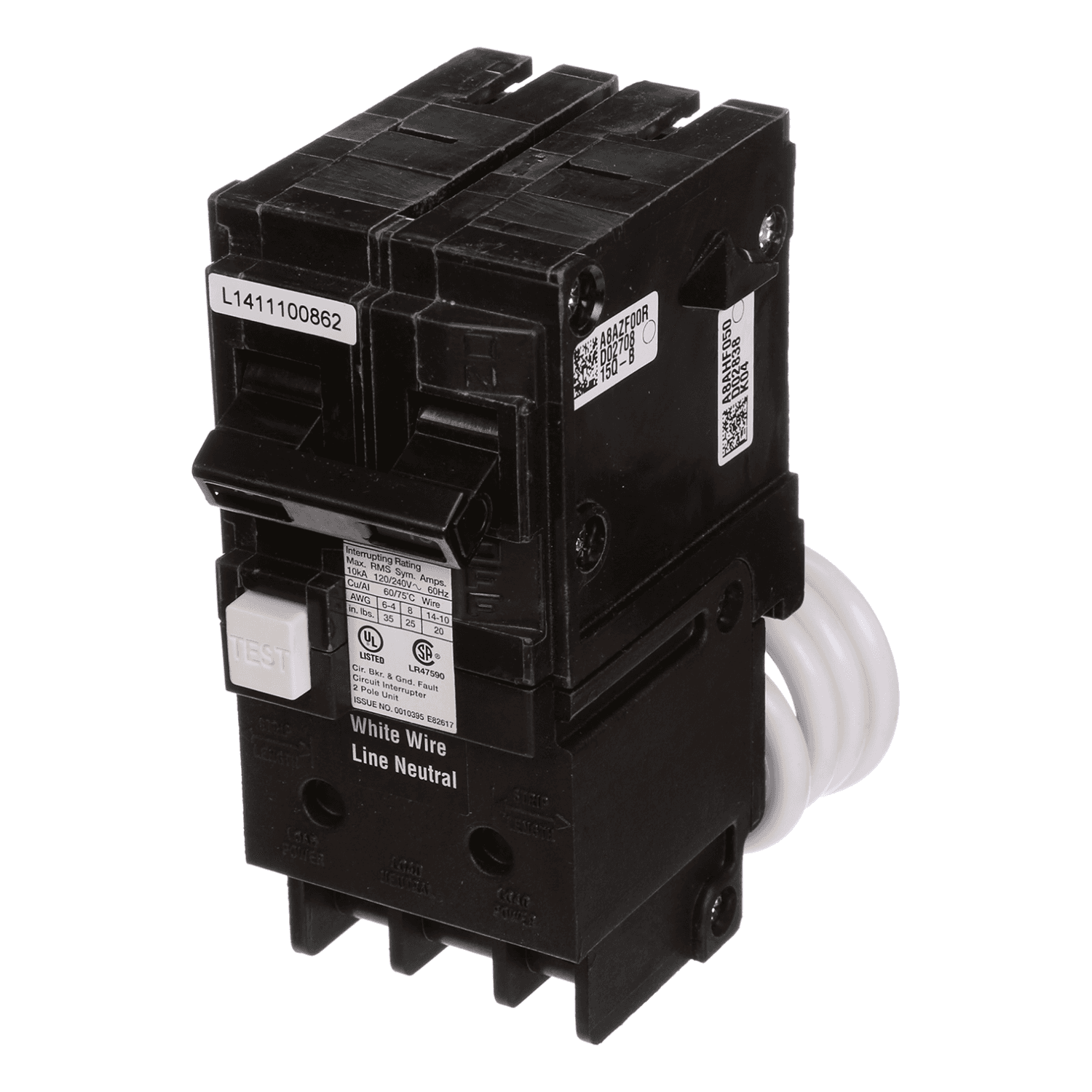 Angled view of Siemens QF215ACSA GFCI breaker featuring dual 15A switches, test button, and CSA/UL certification labels for safety compliance.