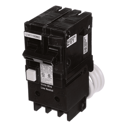 Angled view of Siemens QF215ACSA GFCI breaker featuring dual 15A switches, test button, and CSA/UL certification labels for safety compliance.