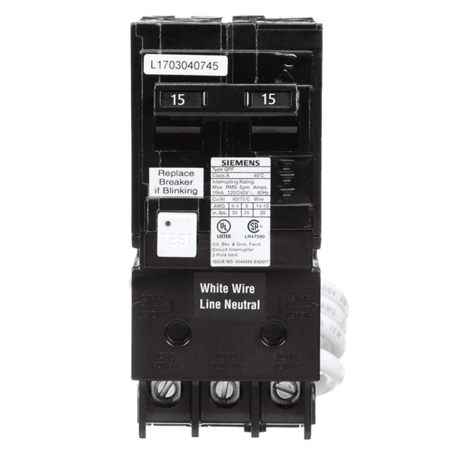 Front view of QF215ACSA - Siemens 15 Amp 2 Pole GFCI Circuit Breaker with test button and white neutral wire for residential panels.
