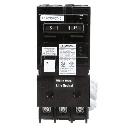 Front view of QF215ACSA - Siemens 15 Amp 2 Pole GFCI Circuit Breaker with test button and white neutral wire for residential panels.