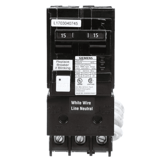 Front view of QF215ACSA - Siemens 15 Amp 2 Pole GFCI Circuit Breaker with test button and white neutral wire for residential panels.