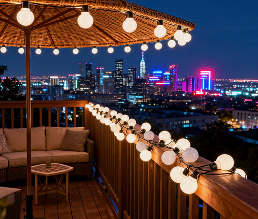 Balcony with string lights, outdoor furniture, and city skyline view at night.