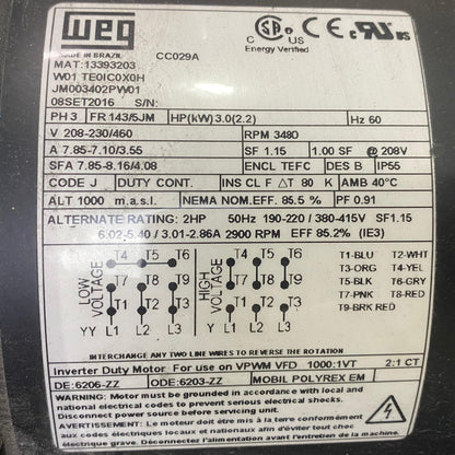 JM003402PW01 | WEG 3HP 3Ph AC Pump Motor 230/460V 3480 RPM