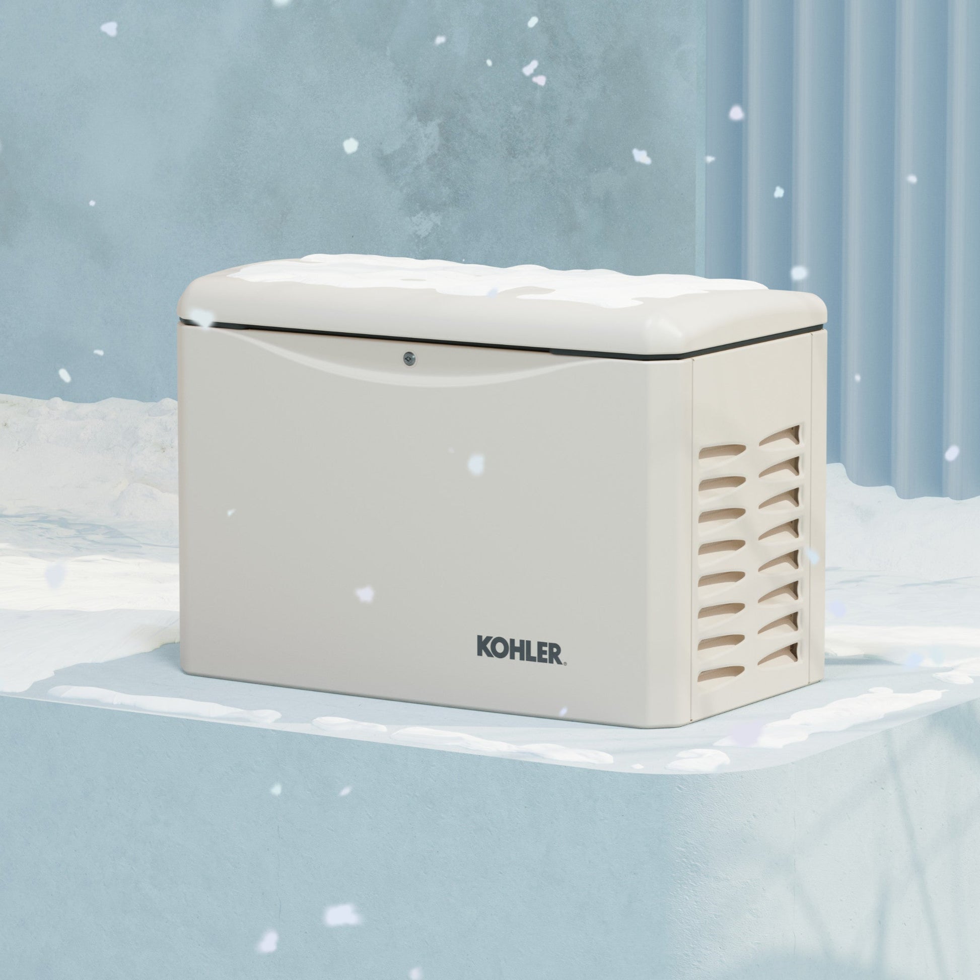 Kohler generator in the snow with a blue curtain background
