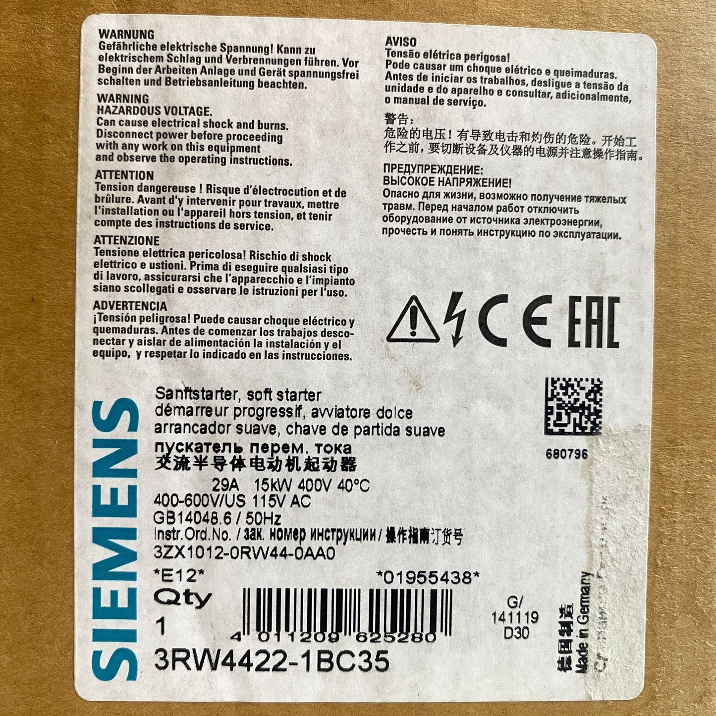 Siemens 3RW4422-1BC35 Soft Starter, Size 2, Screw Terminal