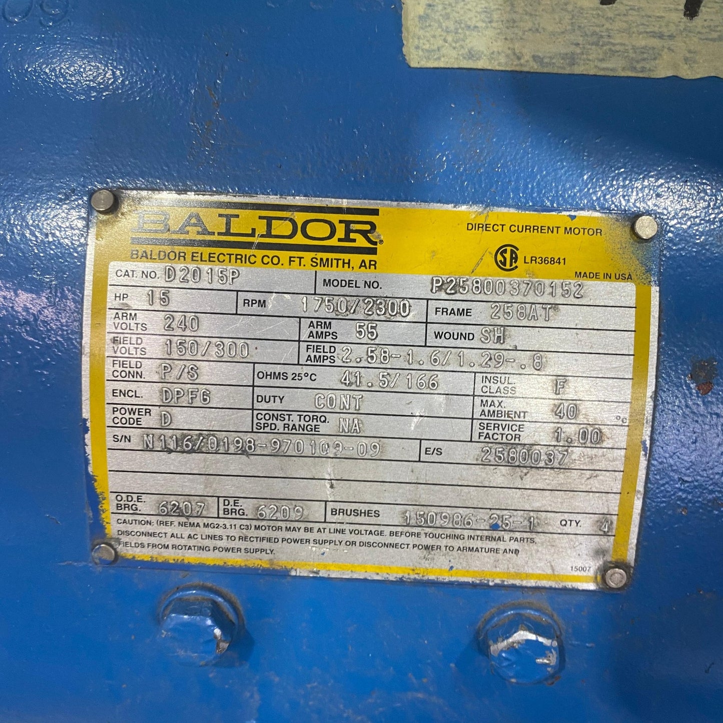 D2015P | Baldor 15 HP 240V DC Motor 1750/2300 RPM