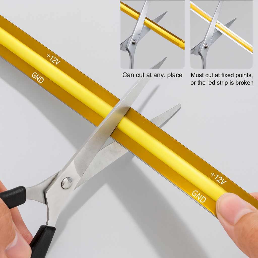 Scissors cutting a LED strip on a white background