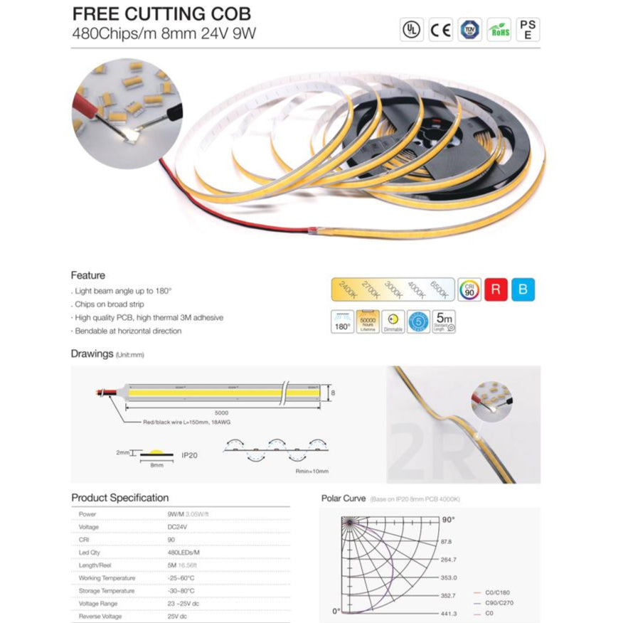 Free Cutting COB LED Strip Light | 24VDC, Dimmable, IP20