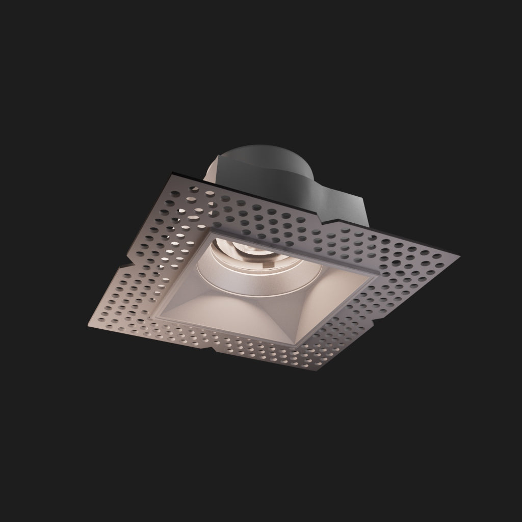 Square recessed ceiling light with mud-in plate on a black background