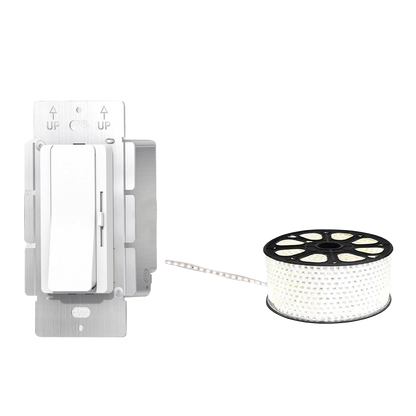Dimmer switch and spool of LED strip on a white background