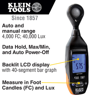 ET130 | Klein Tools Digital Light Meter Foot Candle & Lux Tester