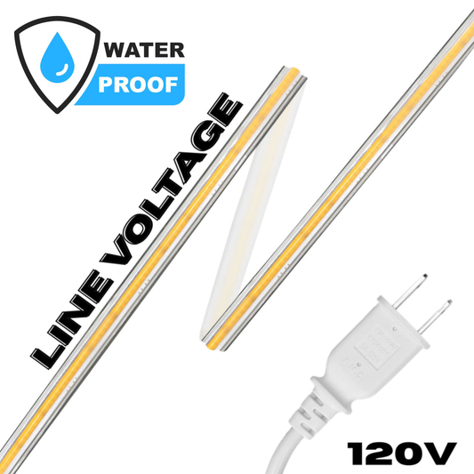 Line Voltage LED COB Tape Light | Waterproof Dot-Free Flexible Strip IP65 120V
