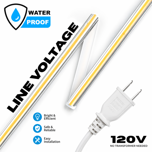 Line Voltage LED COB Tape Light | Waterproof Dot-Free Flexible Strip IP65 120V