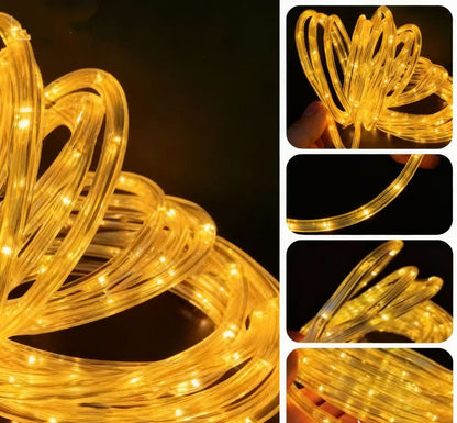 Coiled LED string light with close-up insets on a dark background
