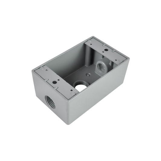 Gray rectangular box with threaded holes on a white background, die-cast, weatherproof, 1/2 inch threaded entry