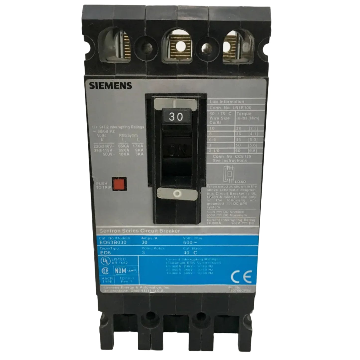 Siemens electrical circuit breaker on a white background